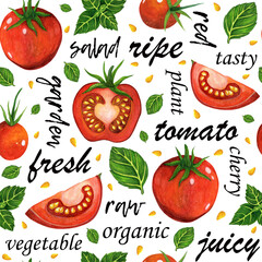 Ripe tomatoes, basil leaves seamless watercolor pattern with text. Hand drawn illustration on white background. Whole garden vegetables, halves, slices. Backdrop for decoration, design