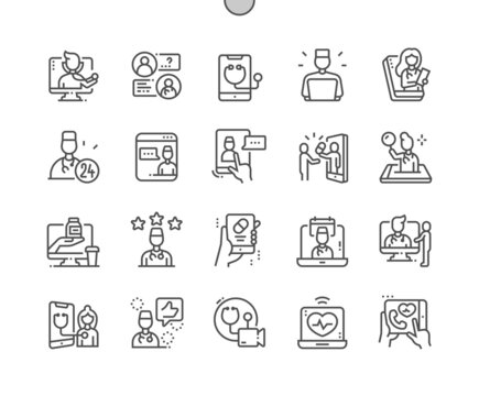 Doctor online. Telemedicine. Video visit between doctor and patient. Healthcare apps and websites. Pixel Perfect Vector Thin Line Icons. Simple Minimal Pictogram