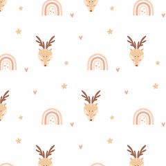 Childish seamless pattern with cute deer head and rainbow. Kid's boho style. Hand-drawn pattern with deer. Vetor illustration.