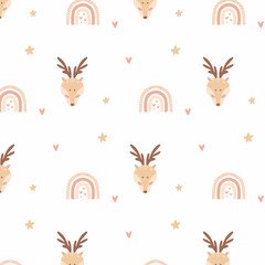 Childish seamless pattern with cute deer head and rainbow. Kid's boho style. Hand-drawn pattern with deer. Vetor illustration. © Евгения Крупель