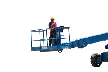 Workers use the elevator to work in the construction area.