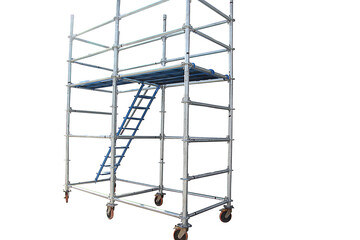 Mobile scaffolding, white background, used in construction areas.