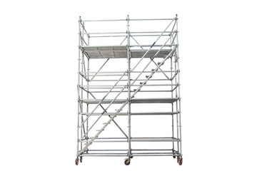 Mobile scaffolding, white background, used in construction areas.