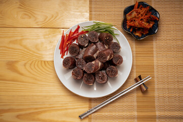 The Korean Blood Sausage or Sundae, Soondae is Korean traditional national food. Street home Asian...
