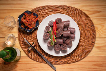 The Korean Blood Sausage or Sundae, Soondae is Korean traditional national food. Street home Asian...