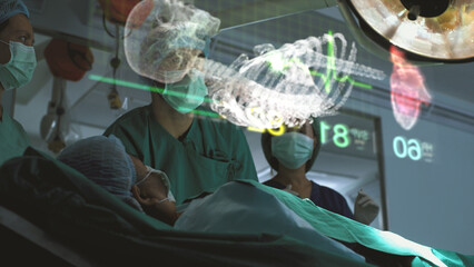 Futuristic operating room simulation - a surgeon diagnosing a senior woman's heart problem via a holographic body scan simulation before surgical procedure. Concept hospital care