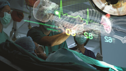 Futuristic operating room simulation - a surgeon diagnosing a senior woman's heart problem via a holographic body scan simulation before surgical procedure. Concept hospital care