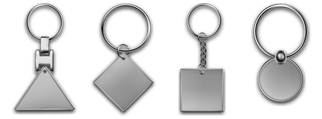 Keychains set different shapes keyring holders with isolated on white background. Silver colored accessories or souvenir pendants mockup.Realistic keychain template set.