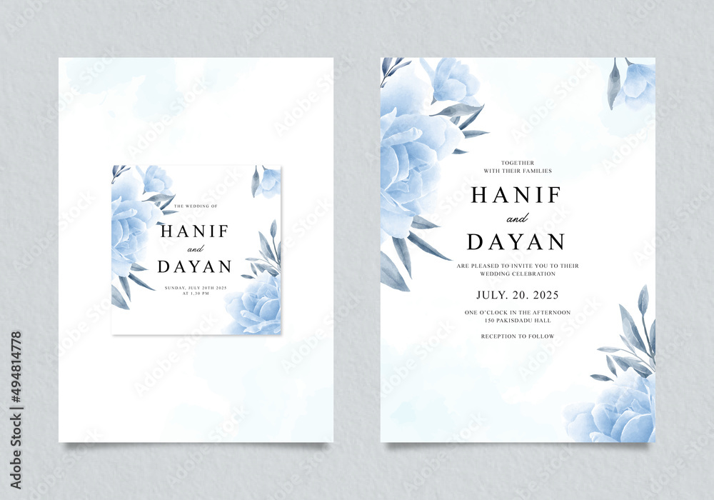 Wall mural beautiful wedding invitation with blue floral watercolor