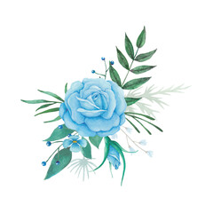 Flowers bouquet with blue roses and green leaves. Watercolor floral  arrangement and composition illustration.
