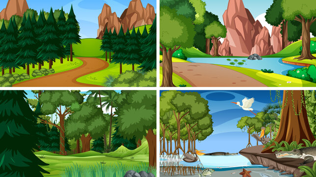 Four scenes with animals in the woods