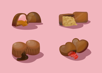 set of filled chocolates on flat background