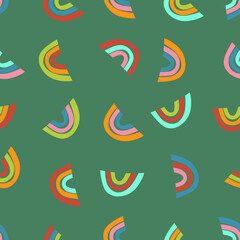 Trendy seamless pattern with colorful rainbow on color background. Design for invitation, poster, card, fabric, textile, fabric. Cute holiday illustration for baby. Scandinavian doodle style