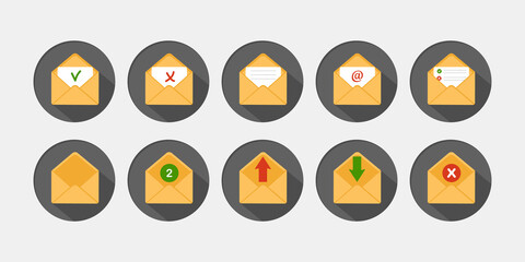 Mail envelopes icon set. Receiving SMS messages, notifications, invitations concept. Vector illustration in flat style.