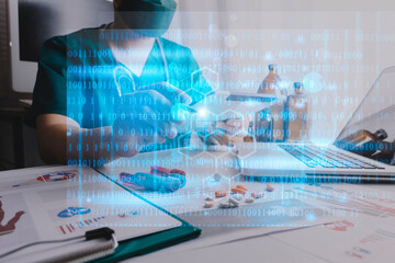 Medicine doctor using tablet with digital medical interface icons, Medical technology and network concept.