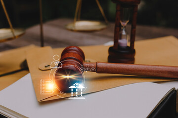 justice and law concept.Male judge in a courtroom on wooden table and Counselor or Male lawyer...