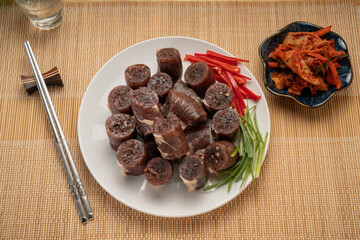 The Korean Blood Sausage or Sundae, Soondae is Korean traditional national food. Street home Asian...