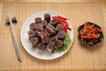 The Korean Blood Sausage or Sundae, Soondae is Korean traditional national food. Street home Asian...