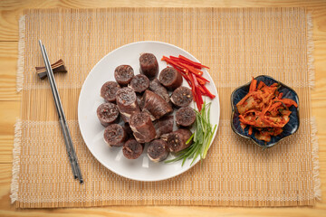 The Korean Blood Sausage or Sundae, Soondae is Korean traditional national food. Street home Asian...
