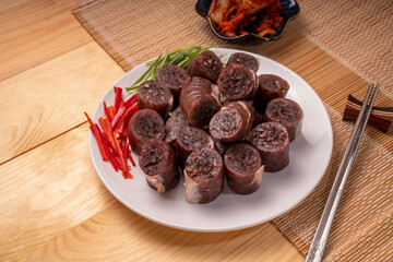 The Korean Blood Sausage or Sundae, Soondae is Korean traditional national food. Street home Asian...