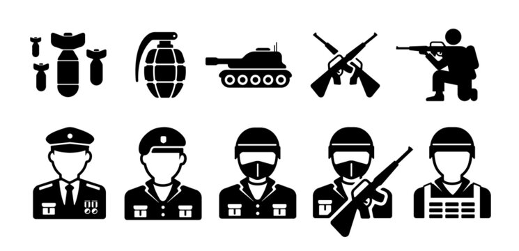 War ( soldiers, weapons ) vector icon illustration set