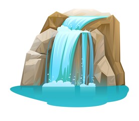 Waterfall among rocks. Cascade shimmers downward. Water flowing. Cool cartoon style. Object isolated on white background. Goes down obliquely. Vector