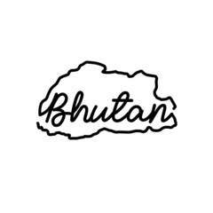Bhutan outline map with the handwritten country name. Continuous line drawing of patriotic home sign