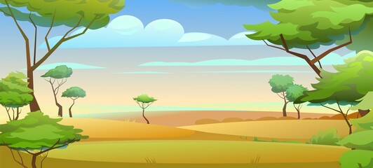 Landscape Africa. Far view. Scene with sand and plants. Savannah in desert. African acacia trees. Vector