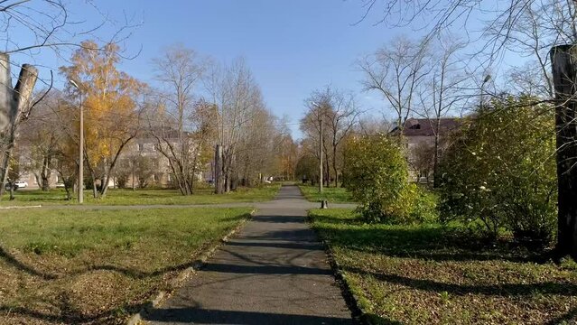 Drone view of Autumn empty park with trees in a provincial town. The copter rises up and opens the panorama of the city. Yellow leaves on the ground. Sunny day
