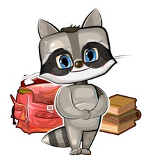 Little Raccoon wants to go to school. Backpack and books. A cute baby animal dreams of learning. Picture in cartoon style. Isolated over white background. Vector