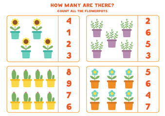 Counting game with cartoon flowerpots. Educational worksheet.