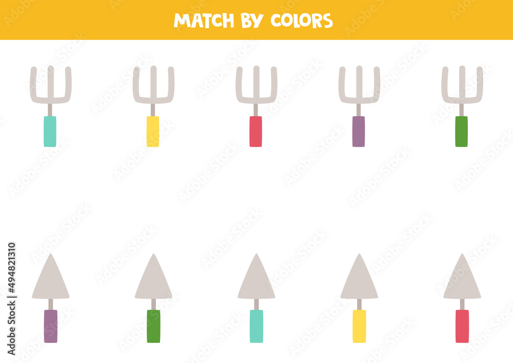 Wall mural color matching game for preschool kids. match gardening tools by colors.