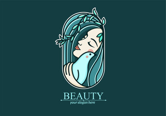 Logo woman with a bird. The girl gently hugs the bird. Vector template. Abstract design concept for many lines of business.