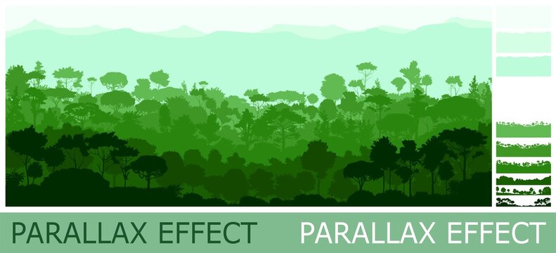 Dense jungle forest on the hills. Silhouettes of tall trees. Horizontally composition illustration. Solid layers for image folding with parallax effect. Vector