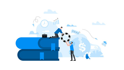 Person sitting on books hands lifeline to another. Conceptual educational illustration. The power of knowledge. Animation ready duik friendly vector. Conceptual business story.