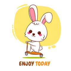 Cute cartoon character of bunny riding scotter. Hand drawn style flat character