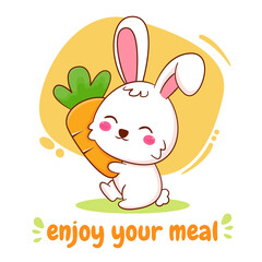 Cute cartoon character of bunny holding carrot. Hand drawn style flat character