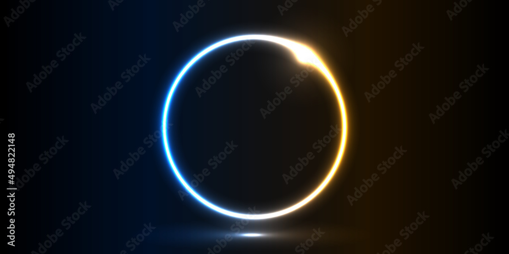 Poster vector abstract circle neon light line round frame colorful blue yellow isolated on black background