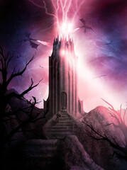 Fantasy landscape with warriors fighting on a stone staircase and hovering dragons attacking a battle tower that emits a deadly beam against the backdrop of dark magic and lightning hitting the roof.
