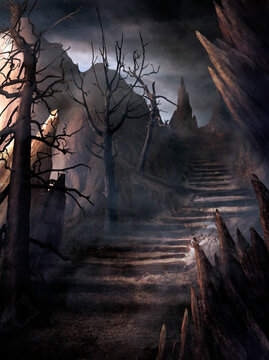 Gloomy, creepy fantasy landscape with sharp rocks and dead dry trees. Scary, mysterious wasteland with an ascending stairs in the mountains with a dark sky and thick clouds, horror illustration.