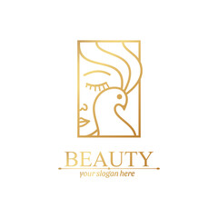 Obraz premium Logo woman with a bird. The girl gently hugs the bird. Vector template. Abstract design concept for many lines of business.
