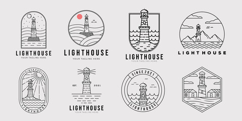 set of lighthouse tower on ocean logo vector illustration design