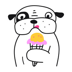Obraz premium Bulldog with ice cream. Outline icon vector illustration.