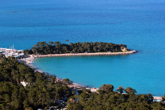 Aerial view of coastal Yoruk Park in Kemer, a seaside resort town and district of Antalya Province on the Mediterranean coast of Turkey