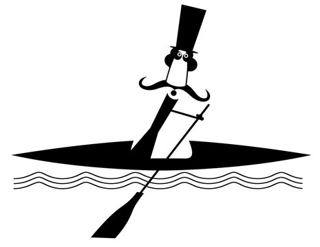 Boating long mustache man illustration. Comic long mustache man in the top hat floating on the waves on a boat