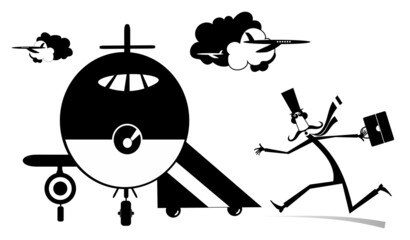 Cartoon long mustache man in the airport illustration. Scurrying long mustache man in the top hat with suitcase trying does not miss the flight black on white