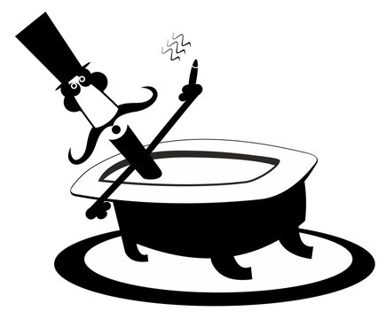 recommend clip art: Cartoon long mustache man takes a bath and has a cigar illustration. Comic long mustache man in the top hat lies in the bathtub and smokes a cigar black on white illustration