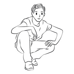 Fototapeta na wymiar Young teenager man squat pose line art vector cartoon illustration