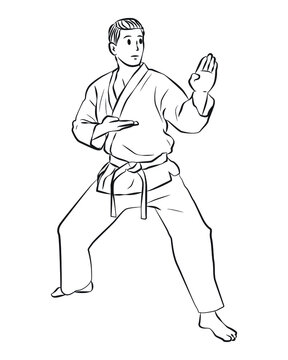 Karate martial arts pose line cartoon vector illustration