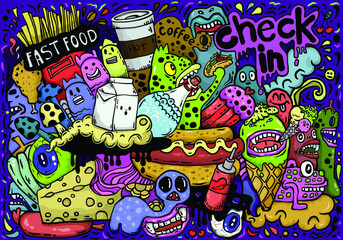 Food and beverages Hand drawn Graffiti Hip-hop style seamless doodle art Vivid color For textiles, children's clothing, background, wallpaper, publications, skateboard